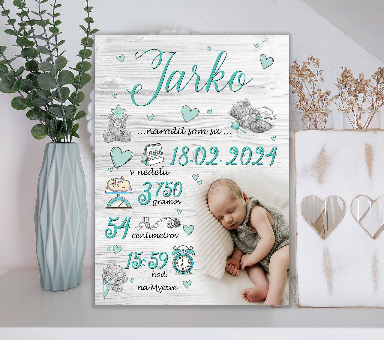 Tabuľka pre bábätko s údajmi o narodení s medvedíkmi (a3- 38x27cm, drevené pozadie, mentolové písmo)