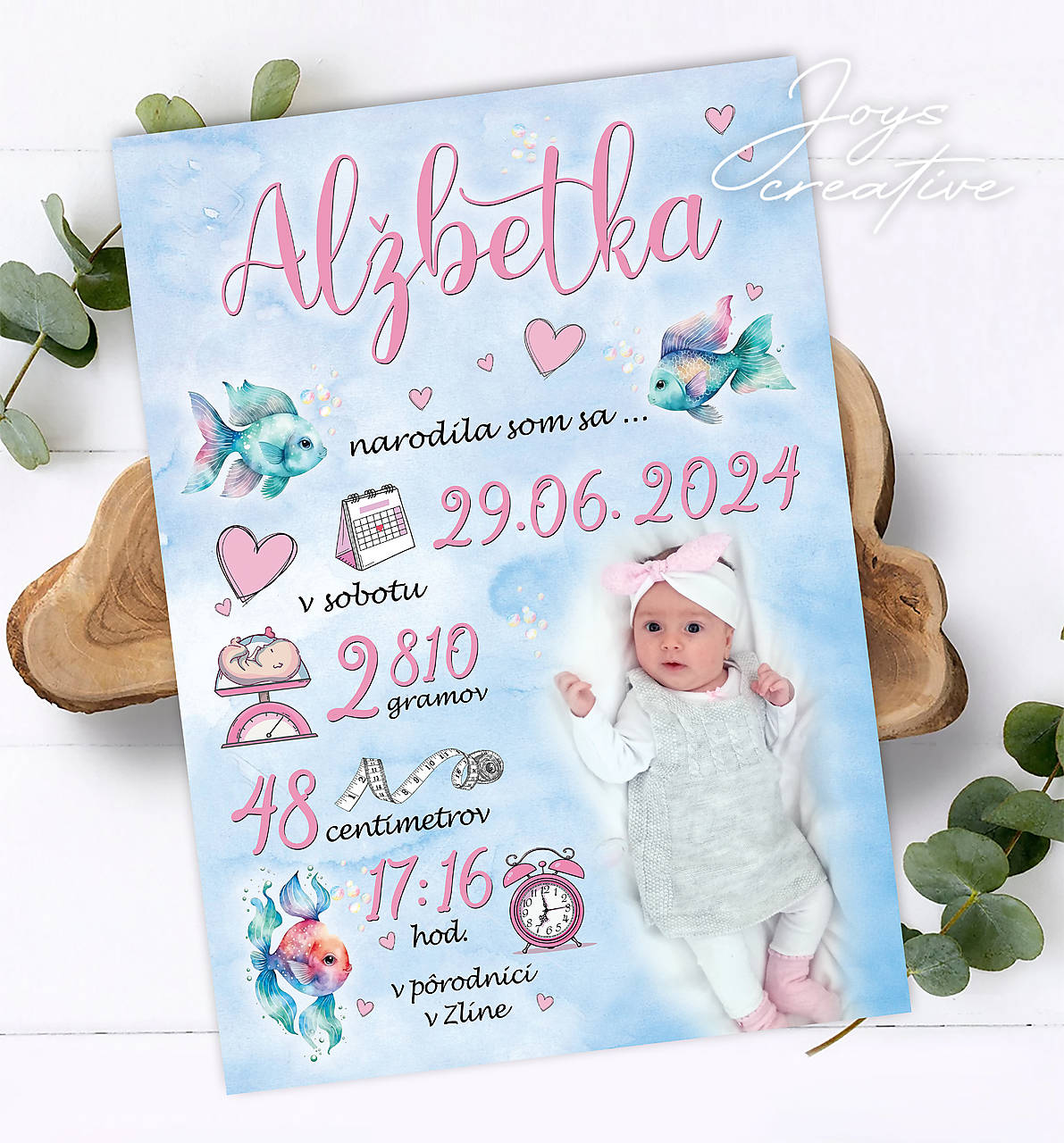 Tabuľka pre bábätko s údajmi o narodení s rybičkami (cca A4 - 27,19cm dievčenská)