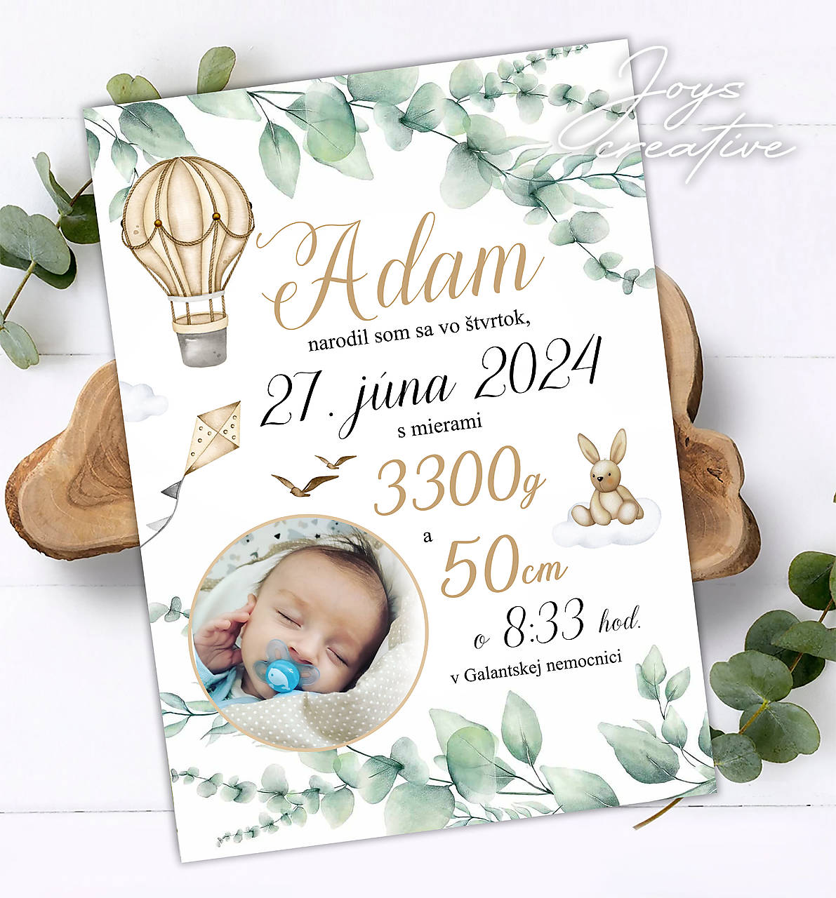 Tabuľka pre bábätko s údajmi o narodení s eukalyptom a balónom (38x27 (cca A3))