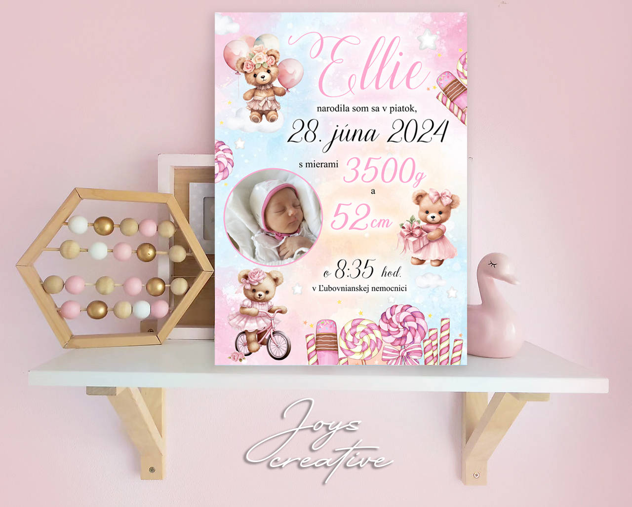 Tabuľka pre bábätko s údajmi mackovia a cukríky (cca A3 - 38x27 cm)