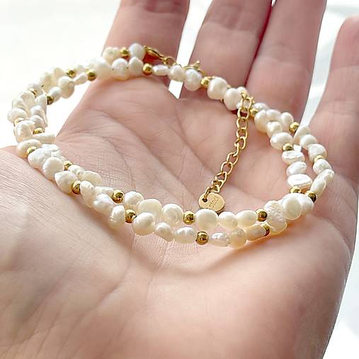 Freshwater Pearls Steel Gold Necklace / Náhrdelník zo sladkovodných perál, oceľ E042