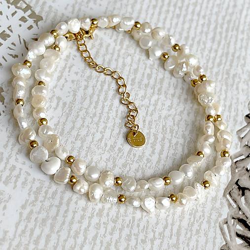 Freshwater Pearls Steel Gold Necklace / Náhrdelník zo sladkovodných perál, oceľ E042