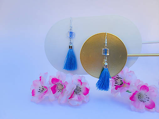 Náušnice - Náušnice so strapcom a kockou (Modrá) - 16720868_