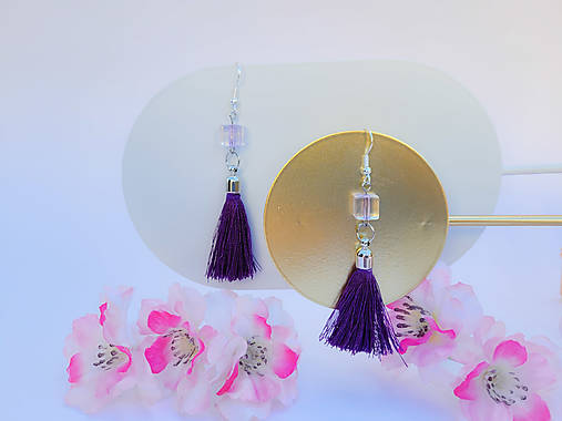 Náušnice - Náušnice so strapcom a kockou (Fialová) - 16720869_