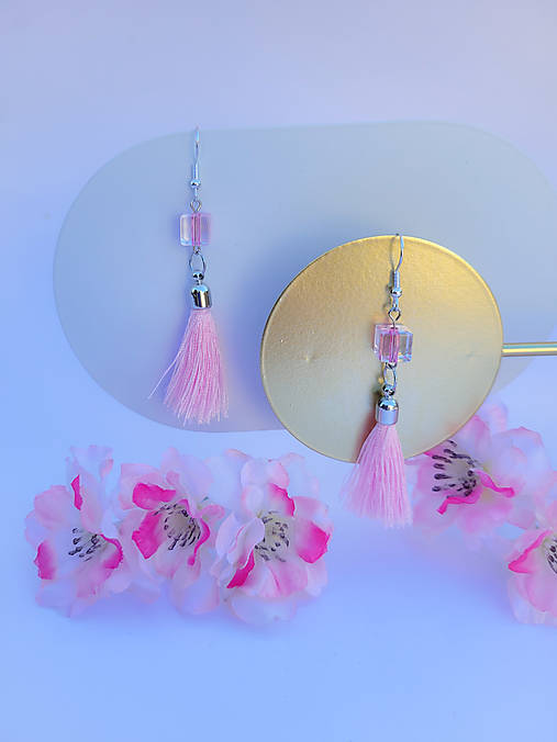 Náušnice - Náušnice so strapcom a kockou (Ružová) - 16720870_