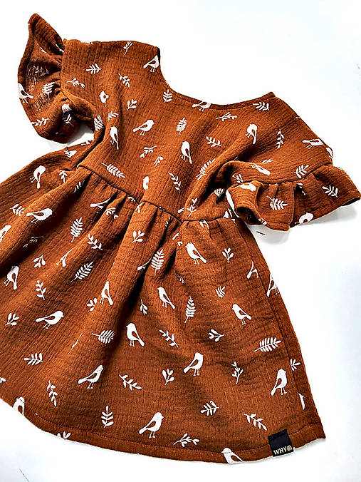 Detské oblečenie - Detské mušelínové šaty Why Dorotka vtáčik hnedé - 16721468_