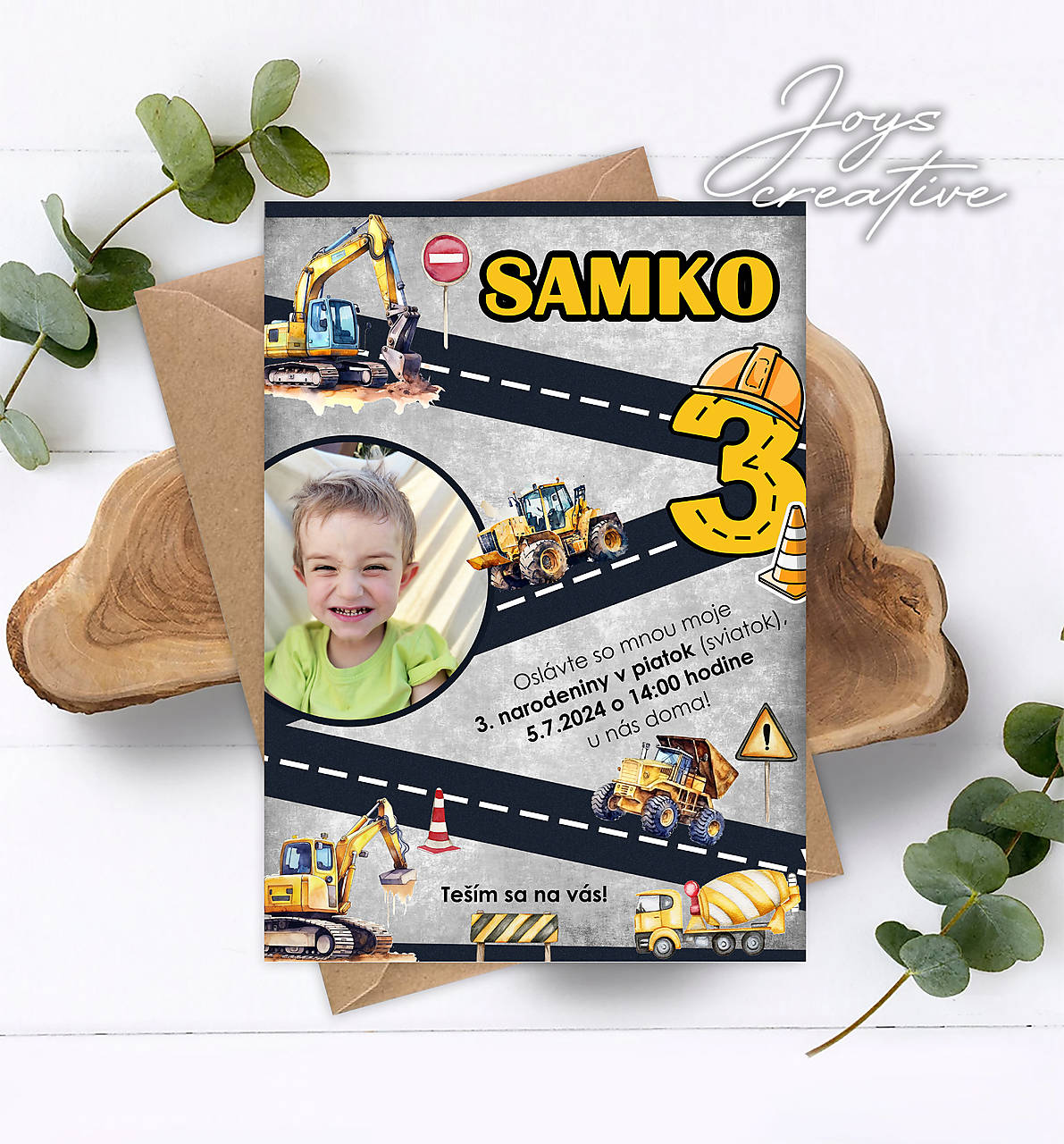 Pozvánka na narodeniny bagre, stavebné stroje s fotkou (sivá)