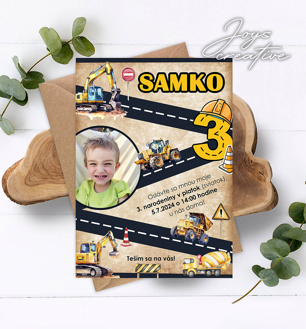 Pozvánka na narodeniny bagre, stavebné stroje s fotkou (hnedá)