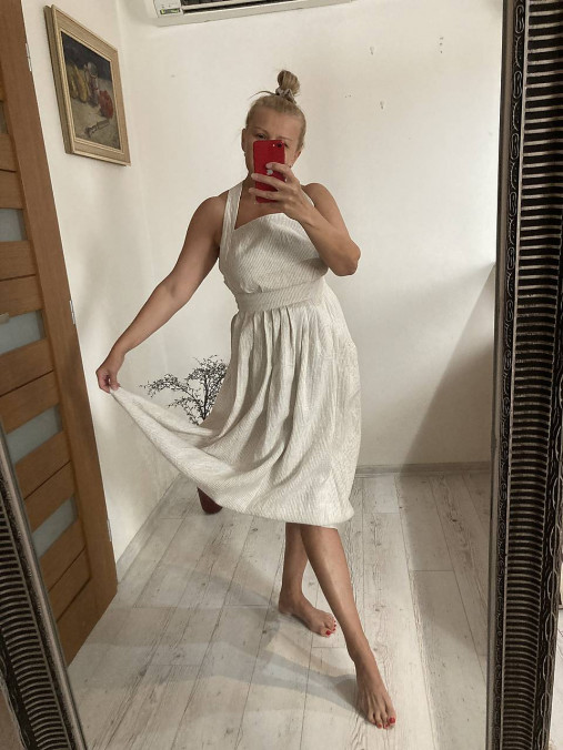 Šaty - Pieskovo/BIELY pásik Ľanové šaty ,, Marilyn,, - 16732887_