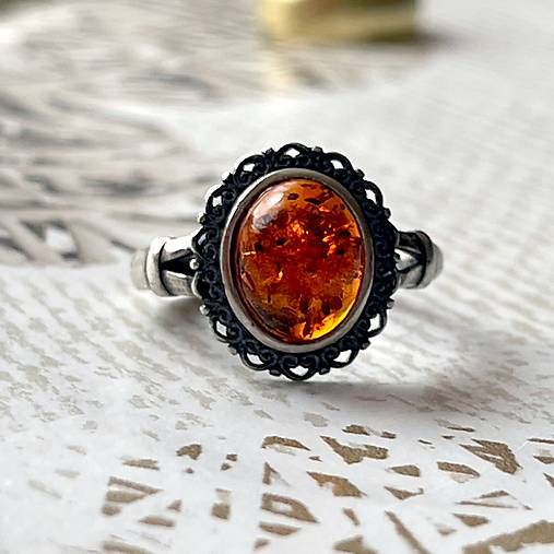 ZĽAVA 20% Filigree Amber Ag925 Silver Ring  / Strieborný filigránový prsteň s jantárom E044