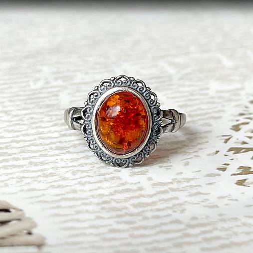 ZĽAVA 20% Filigree Amber Ag925 Silver Ring  / Strieborný filigránový prsteň s jantárom E044