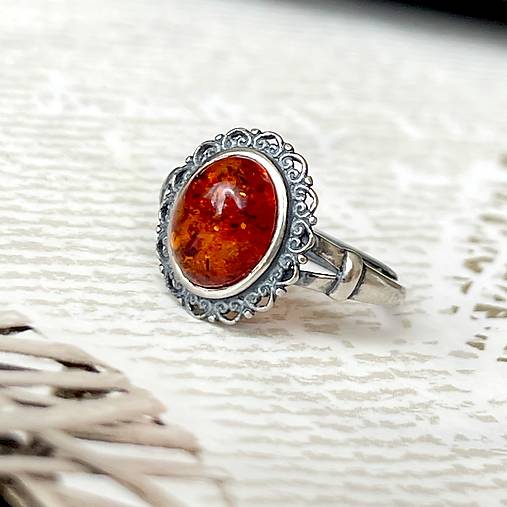 ZĽAVA 20% Filigree Amber Ag925 Silver Ring  / Strieborný filigránový prsteň s jantárom E044