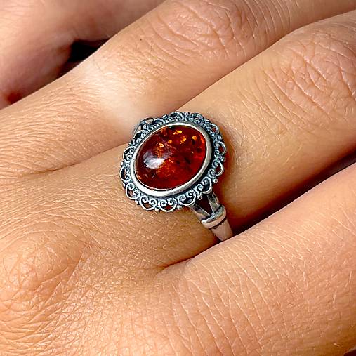 ZĽAVA 20% Filigree Amber Ag925 Silver Ring  / Strieborný filigránový prsteň s jantárom E044