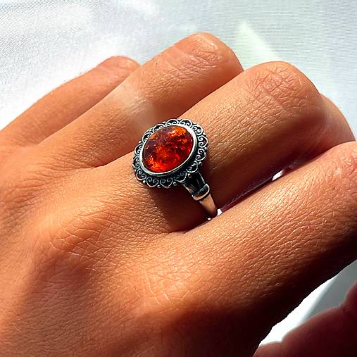 ZĽAVA 20% Filigree Amber Ag925 Silver Ring  / Strieborný filigránový prsteň s jantárom E044