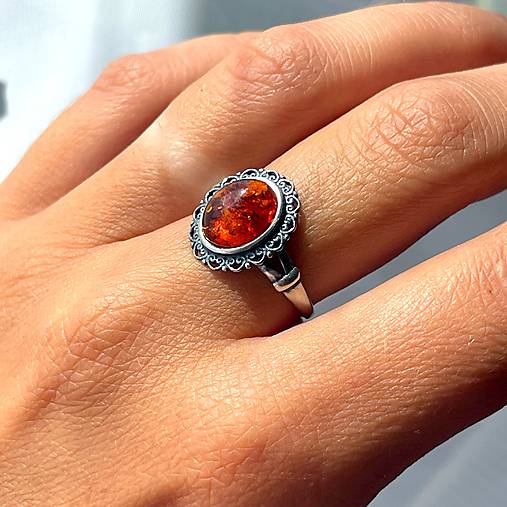 ZĽAVA 20% Filigree Amber Ag925 Silver Ring  / Strieborný filigránový prsteň s jantárom E044