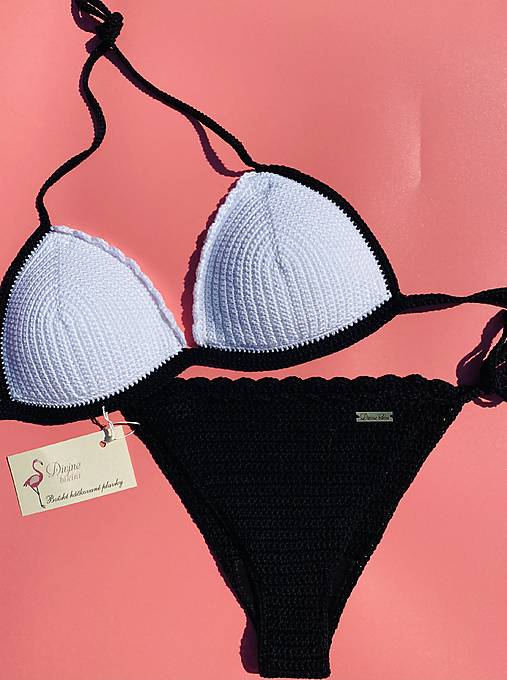 Plavky - Háčkované plavky čierno-biele - 16742724_