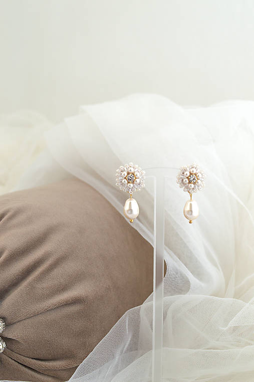 Vintage perlové náušnice (Ag925) (Biely hodváb+Ivory perly - Zlaté komponenty)