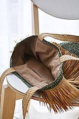 Veľké tašky - Pletená taška na plece - kaki rafia so strapcami - 16745852_