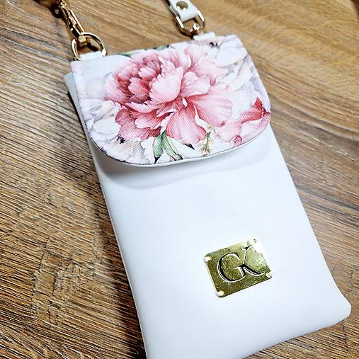 Kabelky - Minibag na mobil biely a ružový kvet - 16746061_