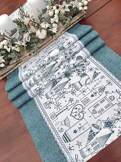 Úžitkový textil - Štola vianočná - petrolejová vianočná dedinka v kombinácii s petrolejovou - 16746065_