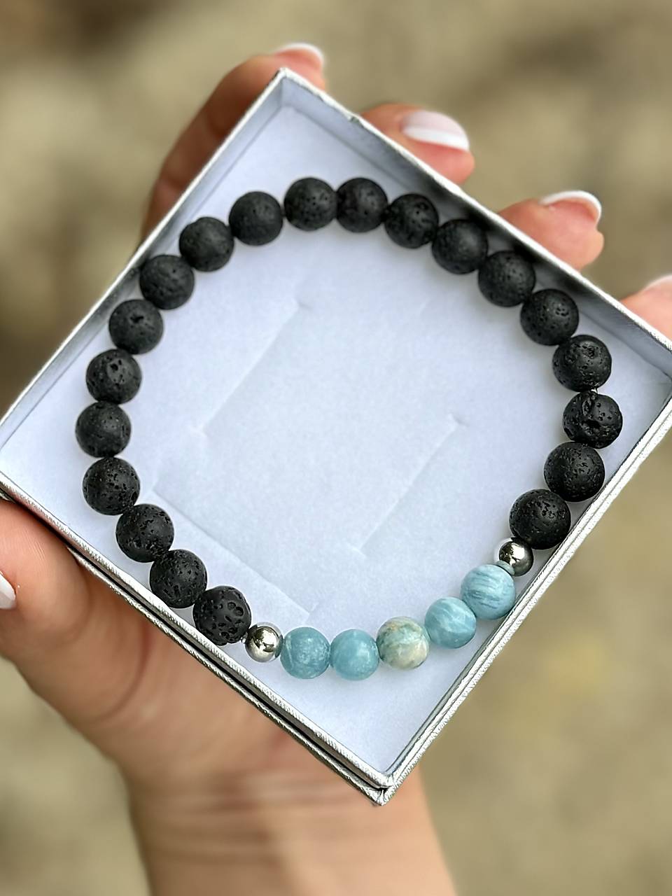 Náramok Ochrany a Dvojplameňa - Pektolit (Larimar) a Láva 