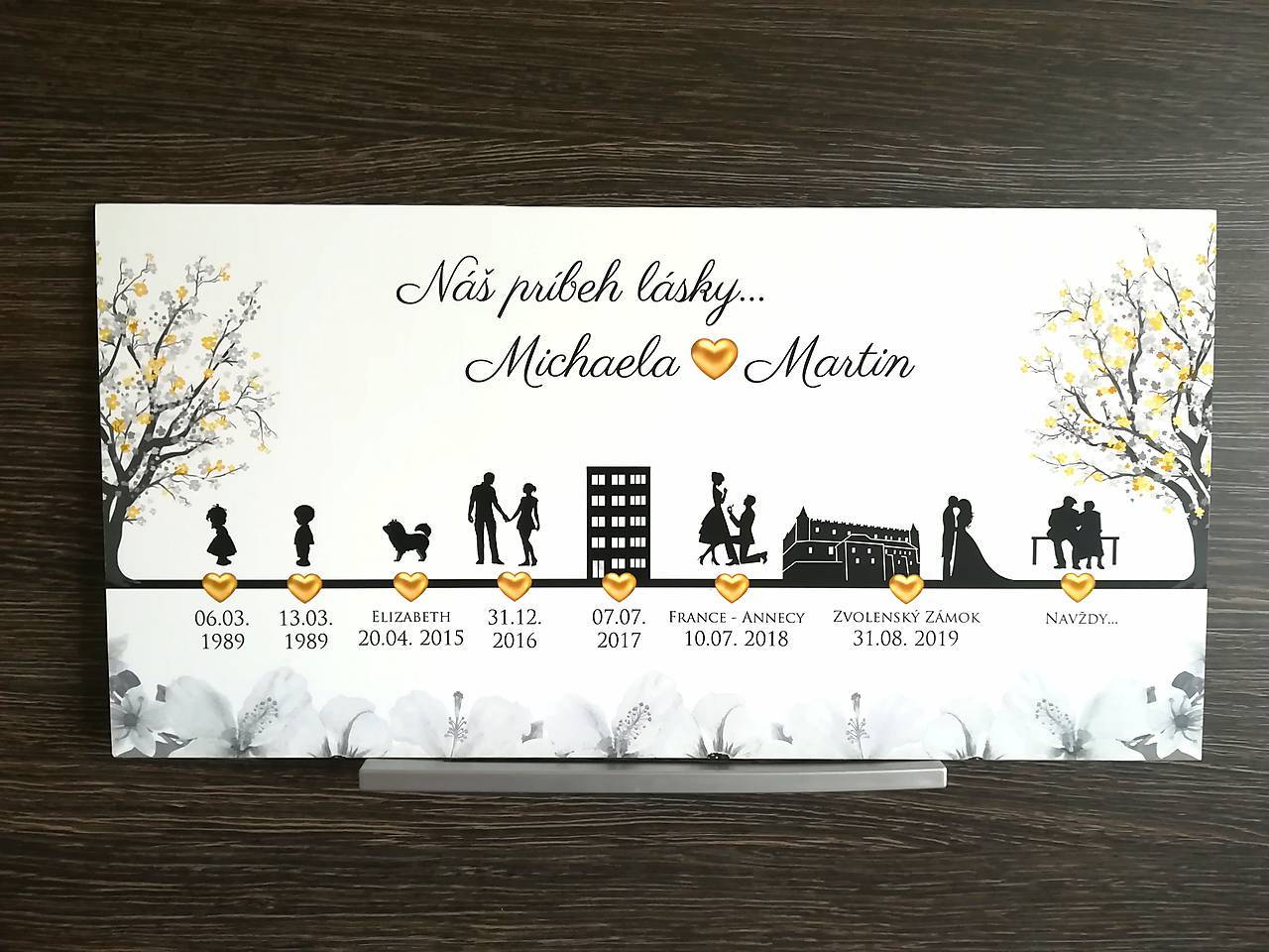 Časová os - Príbeh lásky 39x19,5cm (žlté kvety a stromy)