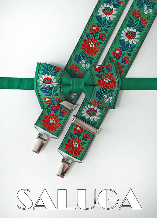 Pánske doplnky - Folklórny pánsky zelený motýlik a traky - folkový - ľudový  - 16770412_