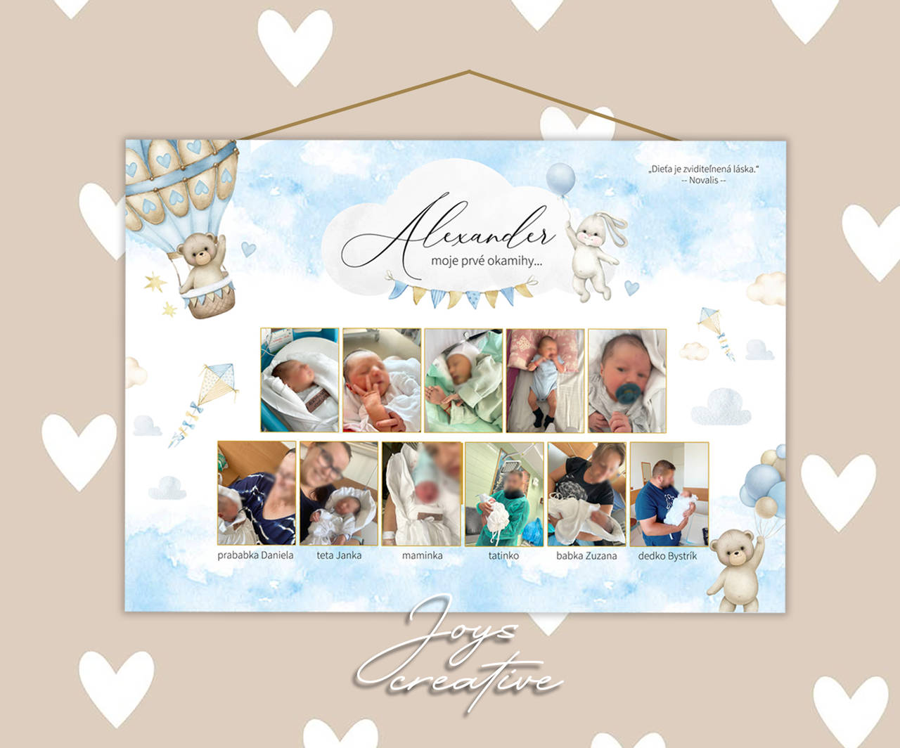 Drevená tabuľa s fotografiami bábätka z pôrodnice Moje prvé okamihy