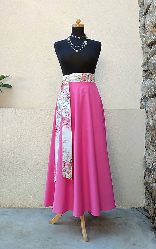Sukne - PŮLKOLOVÁ - MAGENTA S KVĚTOVANÝM PASEM - 16771613_