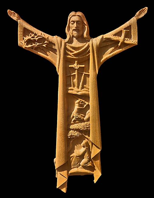 Dekorácie - Drevorezba Ježiš Kristus a kríž život. (400 x 260 x 35 mm) - 16772096_