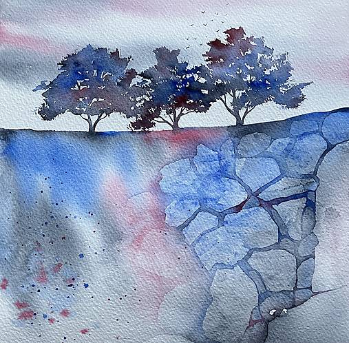 Grafika - Originál akvarel Modré ráno - 16776332_