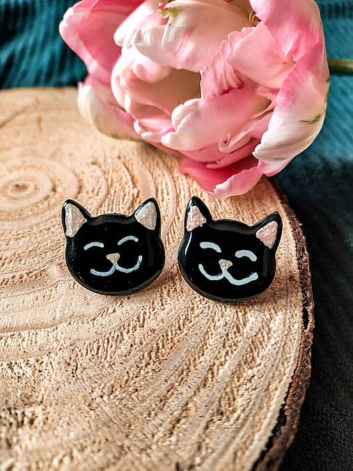 Náušnice - Napichovacie náušnice BLACK KITTY (2.5 cm) - 16793215_