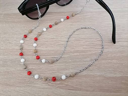 Iné doplnky - Retiazka na okuliare - červeno/ bielo/drevená - chirurgická oceľ - 16793532_