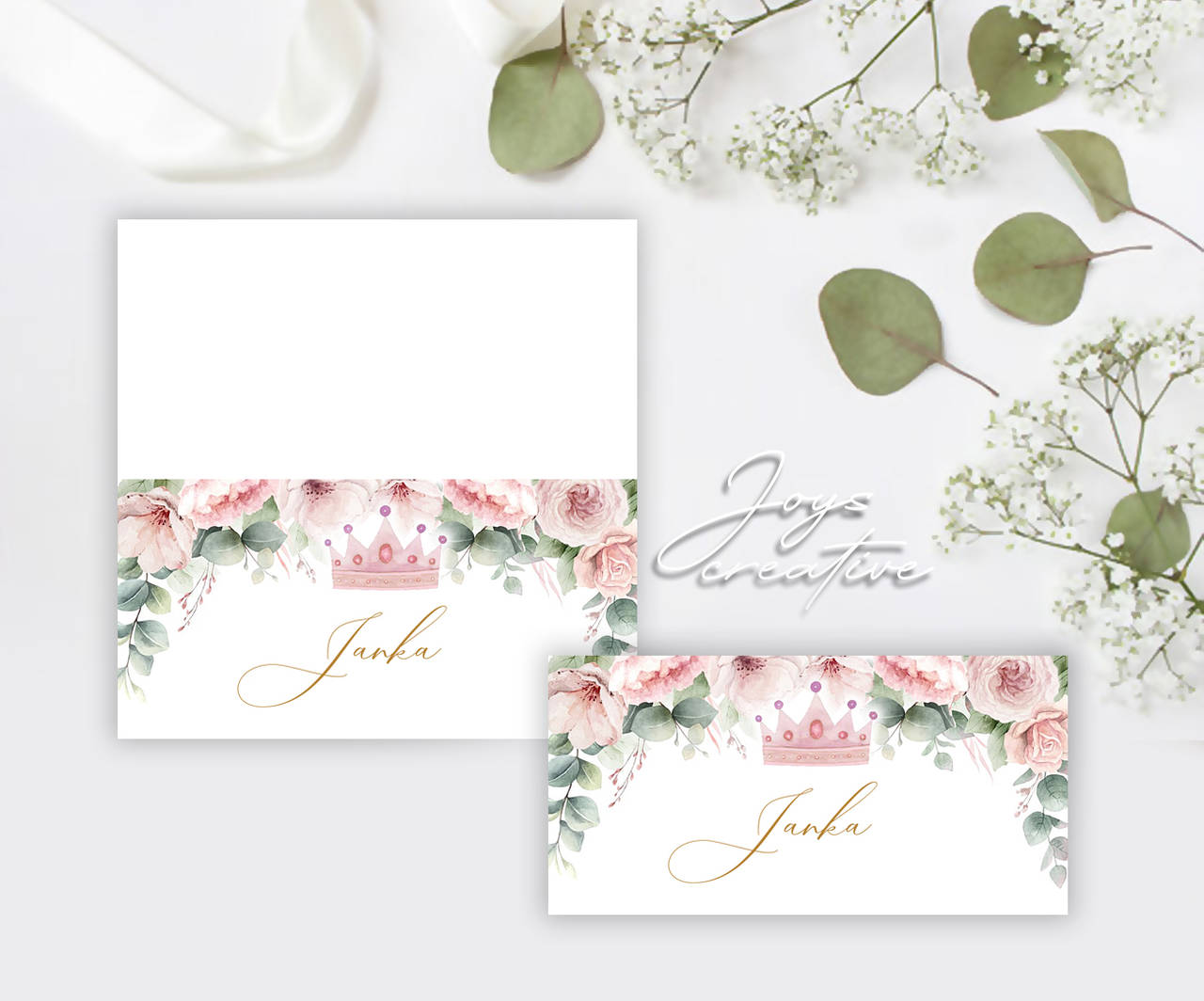 Skladacie menovky s ružami a korunkou