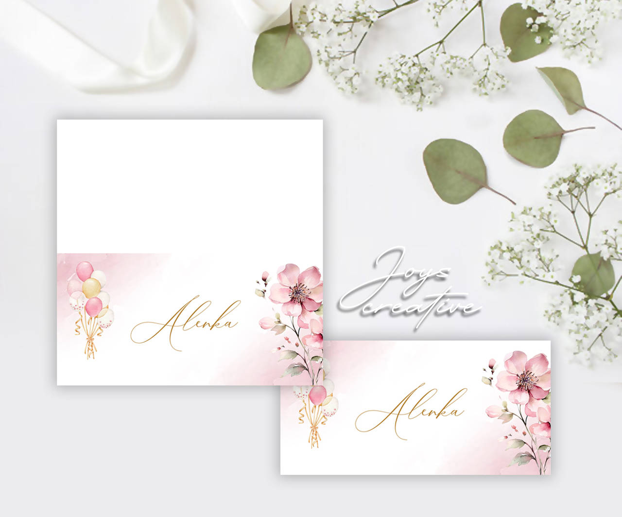 Skladacie menovky s ružovým kvetom a balónmi