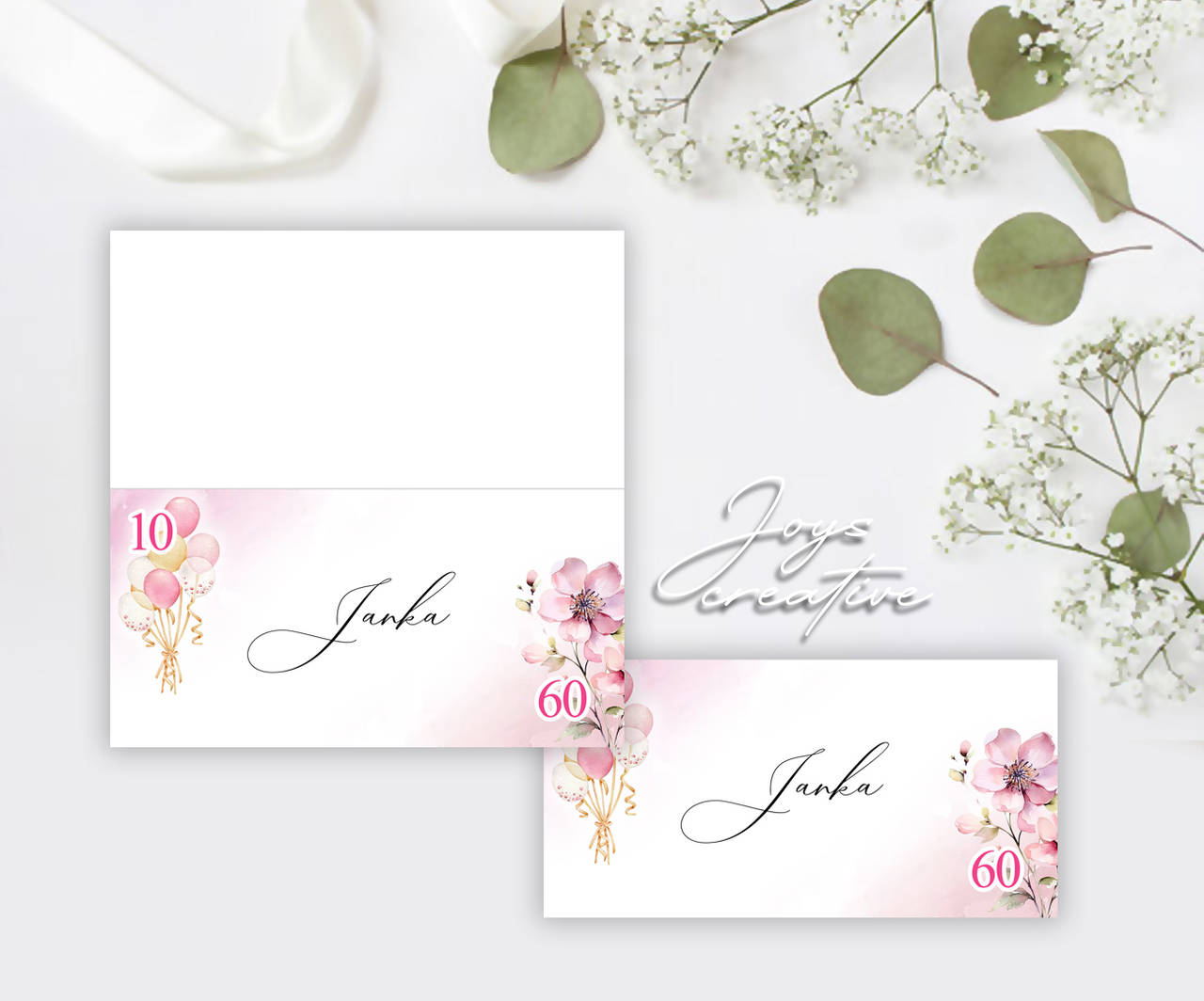 Skladacie menovky s ružovým kvetom a balónmi s vekom