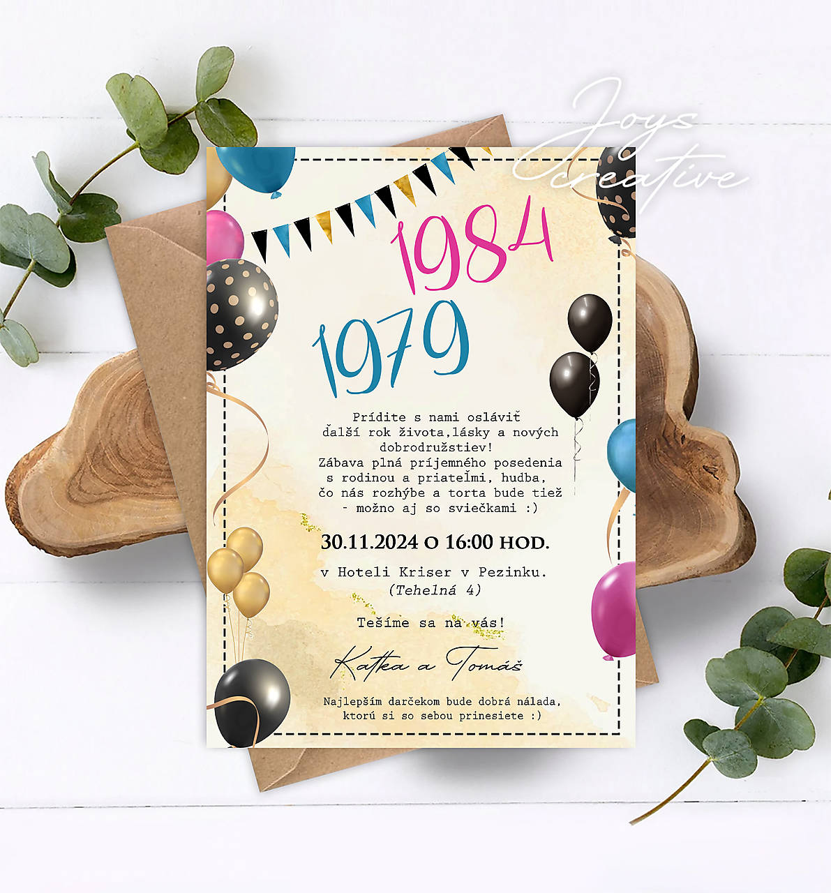 Narodeninová pozvánka na 30, 40, 50 s balónmi  (spoločná oslava ružové+modré balóny)