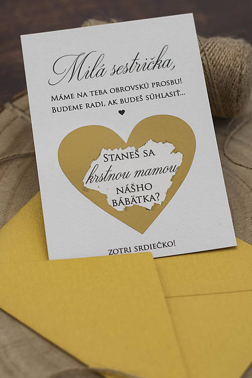 Papiernictvo - Krstná mama/otec - stieracie oznámenie ❤ (Milá sestrička + obálka zlatá) - 16803520_