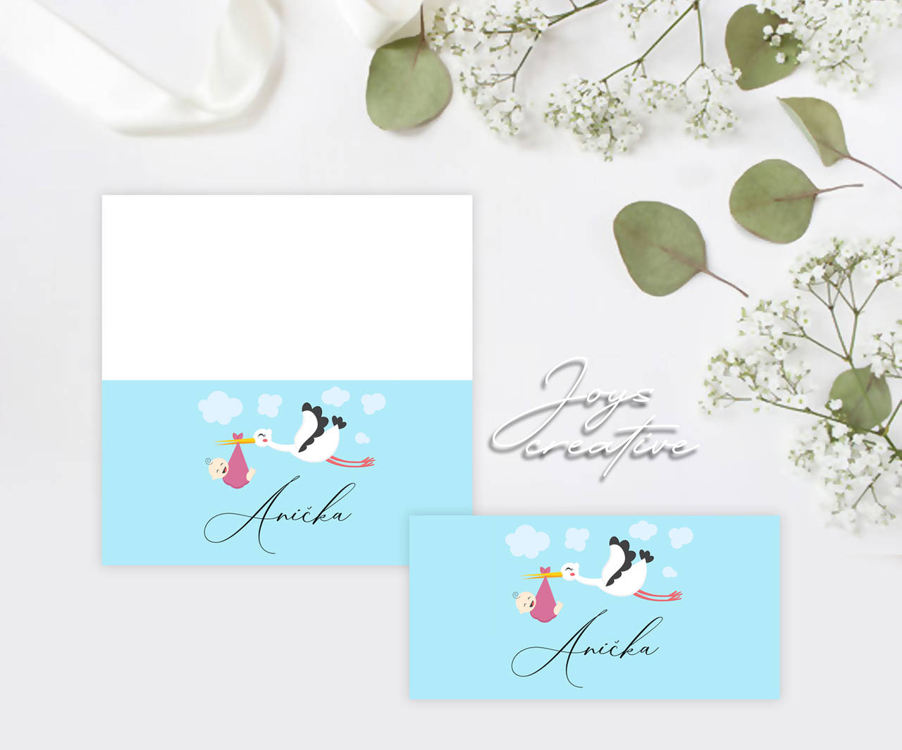 Skladacie menovky na krstiny (modré pozadie)
