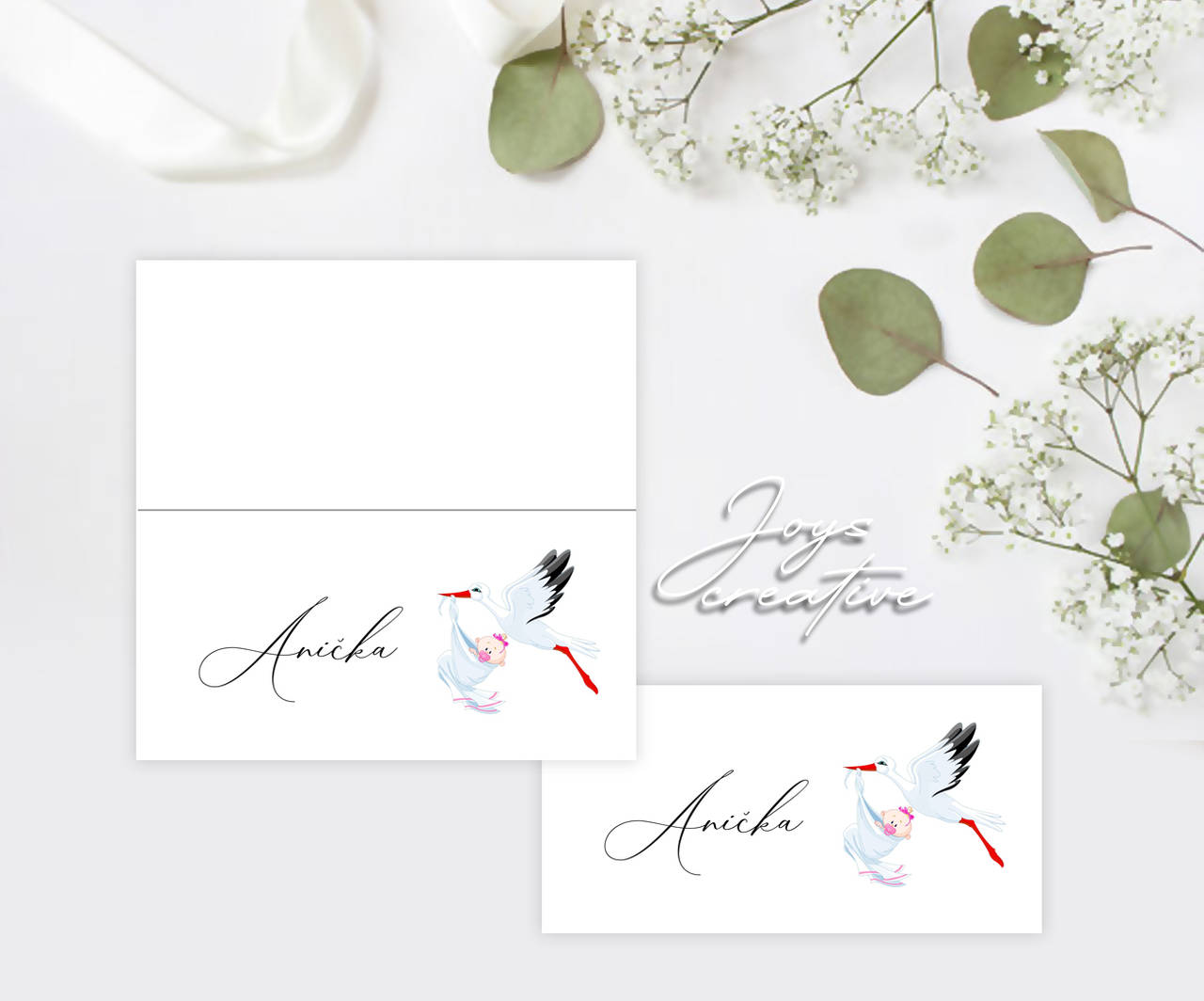 Skladacie menovky na krstiny (biele pozadie)