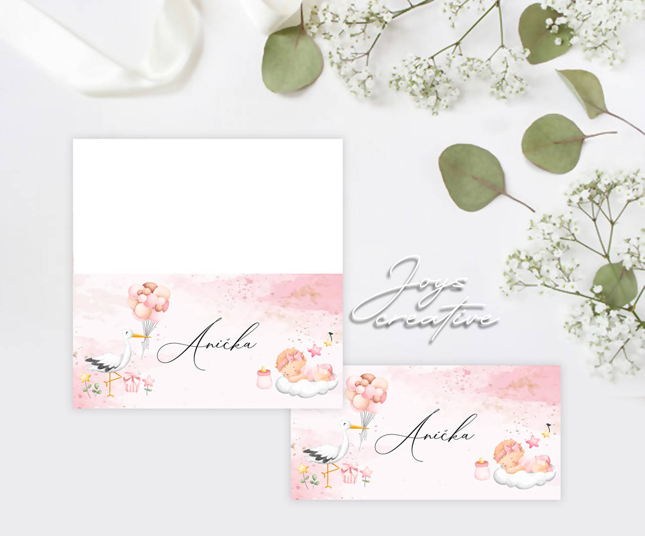 Skladacie menovky na krstiny (bocian s balónmi a bábätko dievčatko)