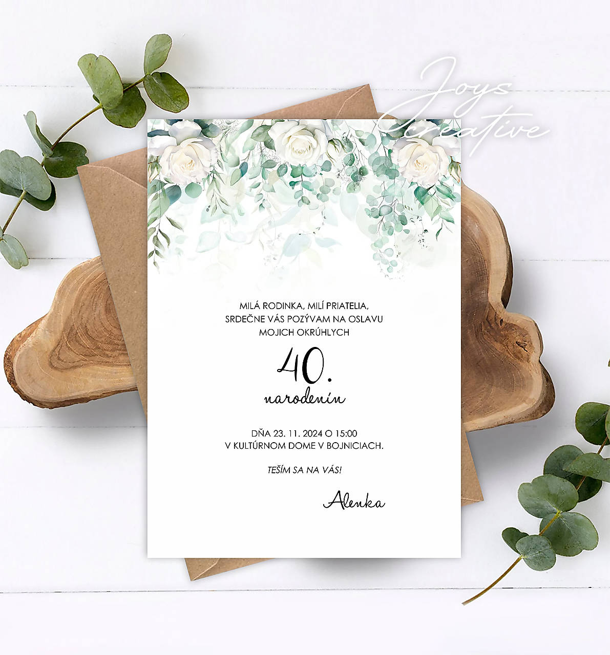 Pozvánka na narodeniny, narodeninová pozvánka s eukalyptom a ružami (2)