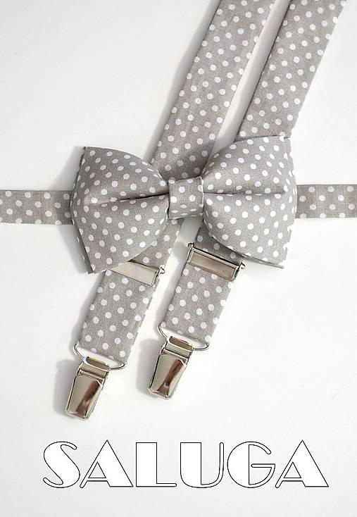 Pánske doplnky - Pánsky set motýlik a traky - sivý na biele bodky / šedý - 16819690_