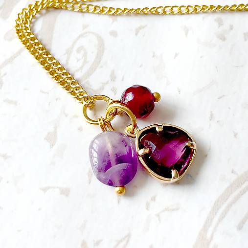 Birthstone NOVEMBER Amethyst Ruby Zircon Pendant / Prívesok s minerálmi ametyst, rubín a brúsený zirkón - NOVEMBER E048