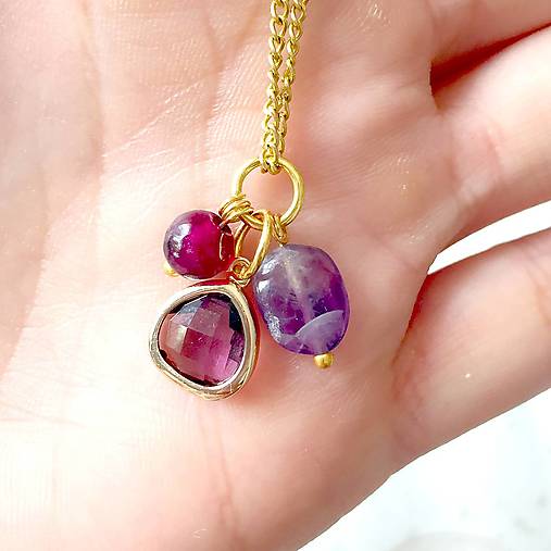 Birthstone NOVEMBER Amethyst Ruby Zircon Pendant / Prívesok s minerálmi ametyst, rubín a brúsený zirkón - NOVEMBER E048