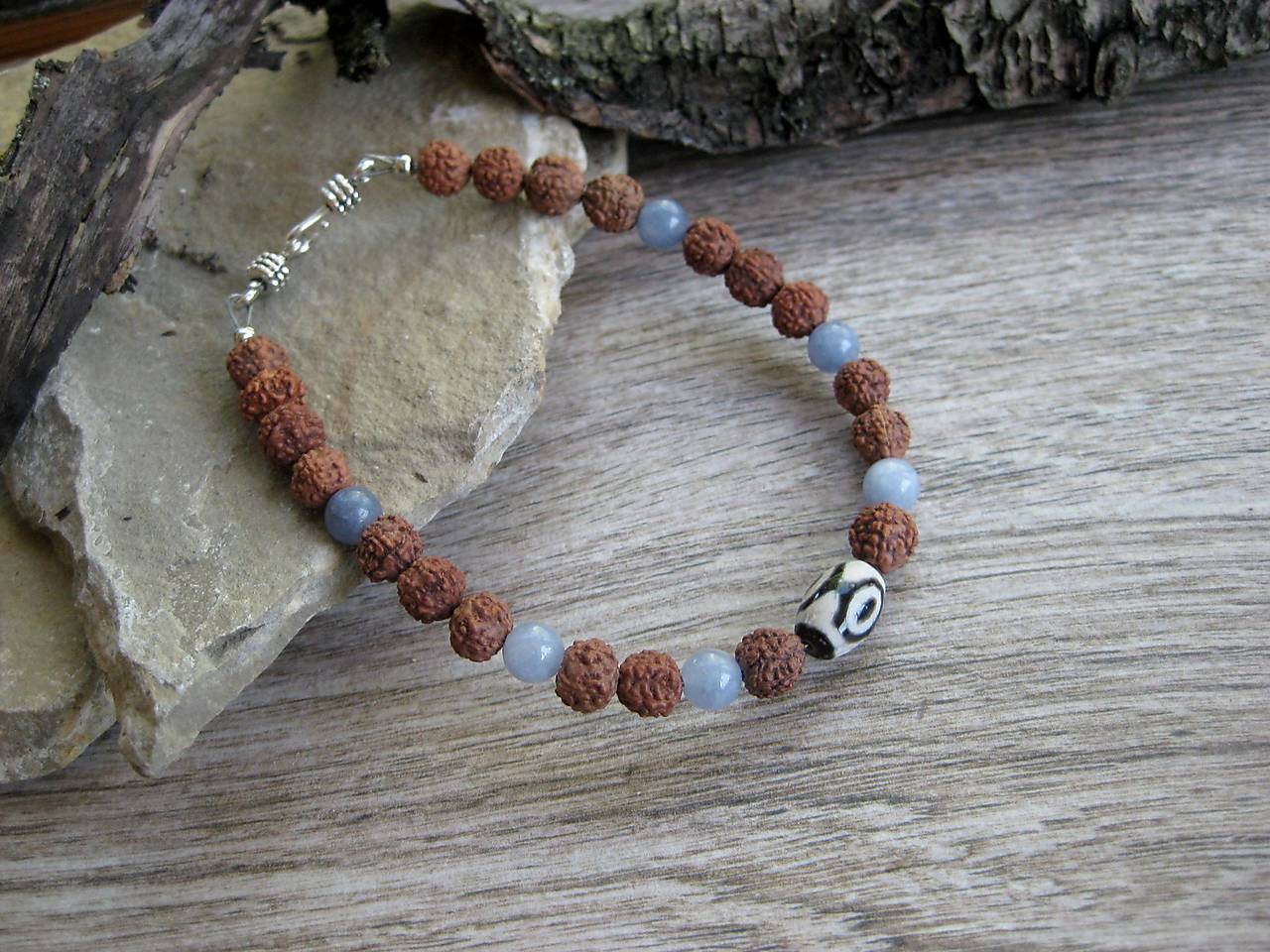 Pánsky náramok z minerálov  (DZI, rudraksha, akvamarín, č. 4141)