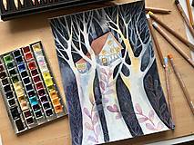 Obrazy - Originál ilustrácia Domček v korunách - 16833935_