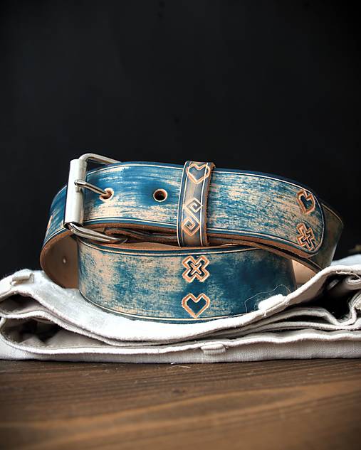 Pánske doplnky - Kožený opasok Čičmany Vintage Blue - 16837334_