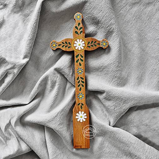 Dekorácie - Kríž drevený 30cm List (Biely kvet) - 16846984_