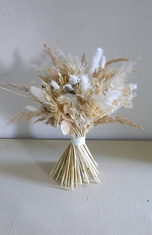 Kytice pre nevestu - Sušená kytica z obilia, slamienok a mesačnice - 16848924_